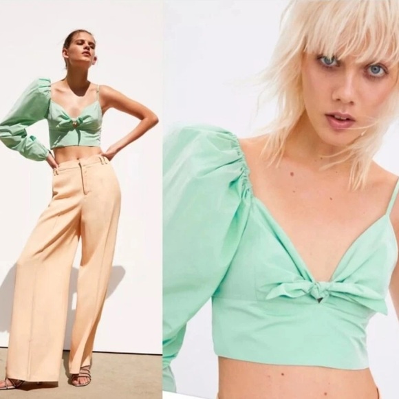 ZARA NEW LIMITED EDITION MINT PUFF SLEEVE ASYMMETRIC TOP SHIRT - Picture 3 of 15